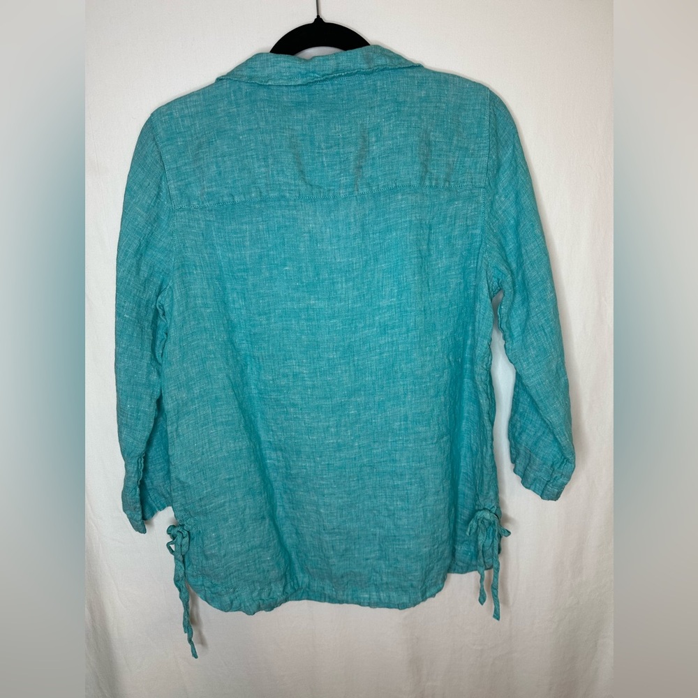 ISAAC MIZRAHI 100% Linen Side Tie Tunic Popover Top Beachy Turquoise M #711 - Picture 2 of 6